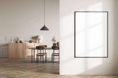 İçi parke zemininde oturaklı, içi kitap ve dekorasyonla dolu ahşap bir tuvalet. Mobilyalı minimalist dinlenme odası. 3 boyutlu görüntüleme, duvardaki çerçeveyi düzenle