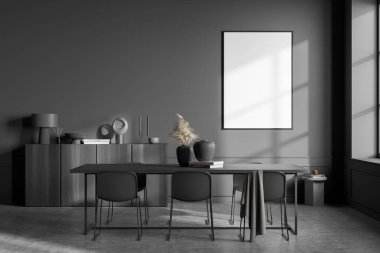 İçerisi gri beton zeminde siyah koltuklarla dolu, içi kitaplarla ve dekorasyonla dolu ahşap bir tuvalet. Mobilyalı minimalist dinlenme odası. 3 boyutlu görüntüleme, duvardaki çerçeveyi düzenle