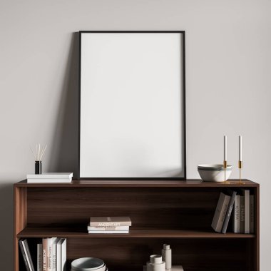 Galeri odasının içi ahşap klozetle kaplı. Rafta, tabakta ve mumda kitaplar var. Sanat odasında şık bir dekorasyon var. Çerçeveyi beyaz duvara yapıştır, 3B görüntüleme