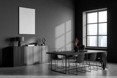 Toplantı odasının içinde gri beton zeminde siyah koltuklar, Singapur şehir manzarasında pencere, dekorasyonlu tuvalet. 3 boyutlu görüntüleme, duvardaki çerçeveyi düzenle