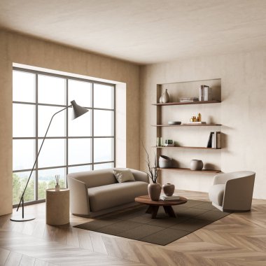 Koltuğu, koltuğu, halısı ve parke zemininde kahve masası kırsal alanda panoramik penceresi olan bir misafir odası. Minimalist dinlenme odası, 3 boyutlu görüntüleme