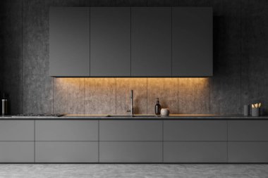 Karanlık mutfak odasının içini kapatıyoruz. Dolap, elektrikli ocak, gri duvar, lavabo, sıvı sabun, yağ ve beton zemin. Minimalist tasarım kavramı. 3d oluşturma