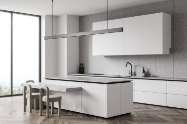 Parlak mutfak odasının iç tarafı panoramik pencereli, kırsal manzaralı, dolap, elektrikli fırın, beyaz duvar ve meşe ağacından parke zemin. Minimalist tasarım kavramı. 3d oluşturma
