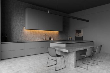 Koyu renk mutfak odasının içi, dolaplı, elektrikli ocak, çift fırın, üç sandalyeli masa, gri duvar ve beton zemin. Minimalist tasarım kavramı. 3d oluşturma