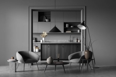 İki koltuklu yemek pişirme ve dekorasyonlu kahve masası, gri beton zemin. Karanlık mutfak seti şık tasarım, masa ve mutfak gereçleri. 3B görüntüleme