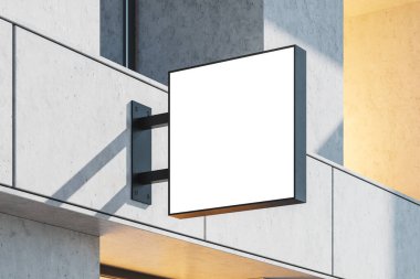 Dış tarafı boş kare ışıklı tabela, yan görüş, beton duvar. Kopyalama alanı, 3B oluşturma