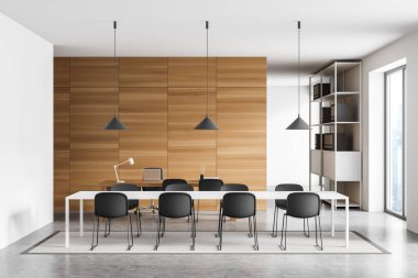 Masalı beyaz toplantı odası, gri zemin ve arka planda ahşap duvarın yanındaki ofis masası. Minimalist konseptli modern iç tasarım. 3d oluşturma