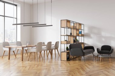 Koltuklu ahşap ofis, masadaki dizüstü bilgisayar, yan görüş, parke zemin. Süslü raflar ve dinlenme alanı. Singapur ile Pencere, 3B görüntüleme