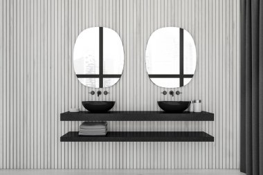 İki oval ayna, lavabo, ahşap duvarlar, sıvı sabun, havlular, perde ve beton zemin. Hijyenik ve spa prosedürleri kavramı. 3d oluşturma