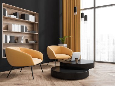 Karanlık toplantı odasının iç tarafında iki rahat koltuk, panoramik pencere, kitaplı raflar ve çanak çömlek, perde ve ahşap parke zemin. Okumak için mükemmel bir yer. 3d oluşturma