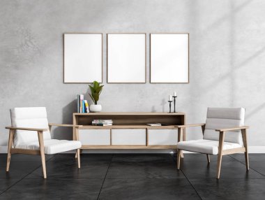 Parlak oturma odasının içinde üç boş beyaz poster, rahat koltuklar, kitaplı kahve masası, büfe, mumlar ve beton zemin. Buluşmak için mükemmel bir yer. Model yap. 3d oluşturma
