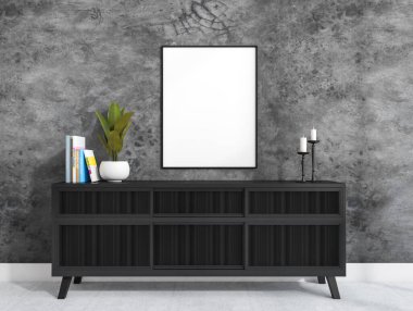 İçi boş beyaz posterlerle dolu karanlık bir oturma odası kitapları, çiçekleri, mumları ve beton zemini olan bir büfe. Buluşup beklemek için mükemmel bir yer. Model yap. 3d oluşturma