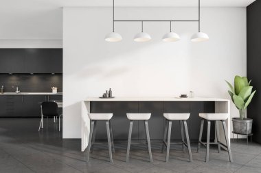 İçinde dört bar taburesi, bar tezgahı, dolap, beyaz duvar, lavabo, sıvı sabun, yağ ve beton döşeme. Minimalist tasarım kavramı. 3d oluşturma