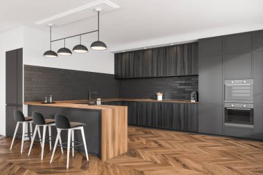 Üç bar koltuğu, ahşap masa, fırın ve mutfak gereçleri ve yan manzaralı fırın ile şık bir iç mekan. Minimalist mobilyalı modern mutfak, 3D görüntüleme