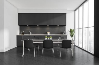 Karanlık mutfak odası içi boş beyaz duvar, panoramik pencere, altı sandalyeli yemek masası, kahve makinesi ve beton döşeme. Minimalist tasarım kavramı. Model yap. 3d oluşturma