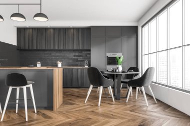 İçinde siyah sandalyeler, parke zeminde yuvarlak masa, mutfak gereçleriyle fırın, ön manzara. Şehir görünümlü panoramik pencere, 3B görüntüleme