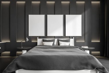 İçinde yatak odası, gri çarşaflar, ön manzara, lambalı komodin. Siyah beton zemin ve arka ışık duvarda. Üç çerçeve, üç boyutlu görüntüleme