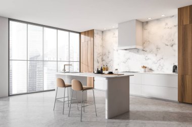 Parlak mutfak odası tezgahı, bar taburesi, kahve makinesi şehir manzaralı panoramik pencere elektrikli fırın, beyaz duvar ve beton zemin. Minimalist tasarım kavramı. 3d oluşturma