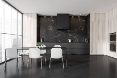 İçi panoramik pencereli karanlık mutfak odası elektrikli ocak, sandalyeli masa, siyah mermer duvar ve beton zemin. Minimalist tasarım kavramı. Yaratıcı fikir için boş alan. 3d oluşturma