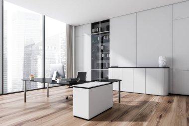 Beyaz ve ahşap ofis odası içi koltuklu ve masalı bilgisayar, raflı dosyalar, yan görünüş, parke zemin. Singapur şehir görünümlü panoramik pencere, 3B görüntüleme