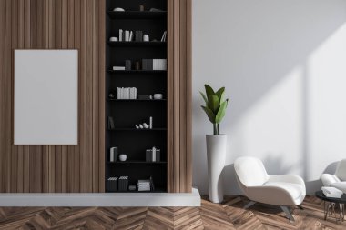 Bekleme odasının içinde beyaz koltuklar ve kahve masası, kitaplarla ve dekorasyonla dolu raf, parke zemin. Ahşap duvara üç boyutlu bir çerçeve ekin ve taklit edin.