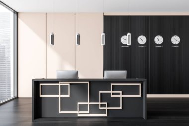 İki bilgisayarlı resepsiyon odası, siyah ahşap duvarlı saatler. Ofis masalı iş girişi, parke zemin ve şehir manzaralı pencere, 3D görüntüleme