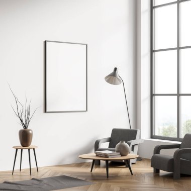 Işıl ışıl beyaz posterli, panoramik pencereli, gri koltuklu, kitaplı sehpalı, halılı ve parke zeminli parlak oturma odası. Buluşmak için mükemmel bir yer. Model yap. 3d oluşturma