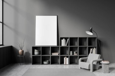 Koltuğu ve lambası olan dinlenme odası kitaplar ve dekorasyonla dolu raf, gri beton zemin. Pencere ve maket çerçeve kopyalama alanı, 3B oluşturma