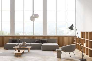 İçinde kanepe olan hafif bir misafir odası, halısı süslemeli kahve masası, parke döşeme, kitaplık. Kırsal kesimde panoramik pencere. 3B görüntüleme