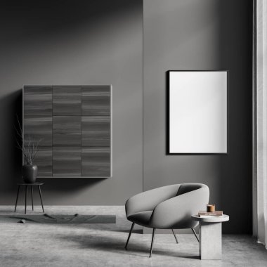 Karanlık oturma odasının içi boş beyaz posterle dolu, rahat gri koltuk, dolap, kitaplı kahve masası ve beton zemin. Buluşup beklemek için mükemmel bir yer. Model yap. 3d oluşturma