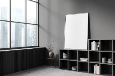 İçi kitaplıkla dolu gri sanat odası dekoratif kitaplar vazolu kahve masası, gri beton zemin. Singapur şehir manzaralı panoramik pencere. Çerçeveyi duvara yapıştır, 3 boyutlu görüntüle