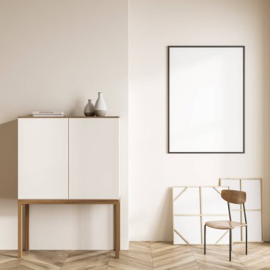 Parlak oturma odası içi boş beyaz poster, sandalye, kitaplı dolap, meşe ağacından parke zemin. Buluşup beklemek için mükemmel bir yer. Model yap. 3d oluşturma