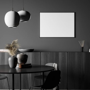 Büfenin üzerinde yatay beyaz tuval, yuvarlak masa, sandalyeler ve iki kolye lambası olan koyu gri yemek odası. Modern tasarım kavramı. Modelleme. 3d oluşturma