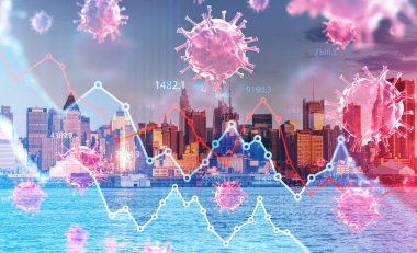 New York gökdelenleri ve SARS-CoV-2 koronavirüs varyantı, omicron. Çizgi dinamikleri, düşüşü ve yükselişi olan mali tablolar. İş ve kriz kavramı