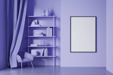 Menekşe sergi odası koltuklu ve perdeli, kitaplı ve dekorasyonlu raf, beton zemin. Duvardaki çerçeve kopyalama alanını 3B biçimlendir