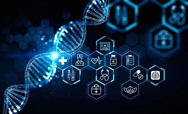 Dna 注射器 マスク スーツケース 前景の病院のアイコンとデジタルインターフェイス 医業の概念 — ストック写真