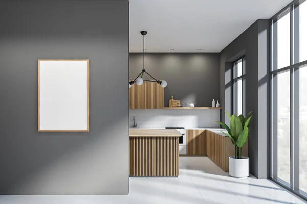 Wooden and grey cooking room interior with shelves and kitchenware on rack, table and plant near window on countryside. Mock up frame menu on grey wall, 3D rendering