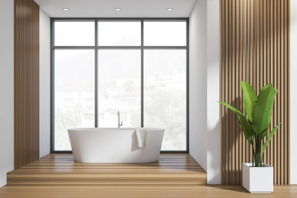 Bright Bathroom Interior Bathtub Panoramic Window Town View White Walls — стоковое фото