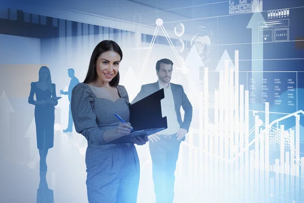 Businesswoman Wearing Formal Wear Working Together Businessman Digital Interface Bar — Stock Photo, Image