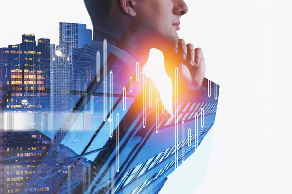 Businessman Profile Thoughtful Look Hand Chin Business Skyscrapers Night Rising — Foto de Stock