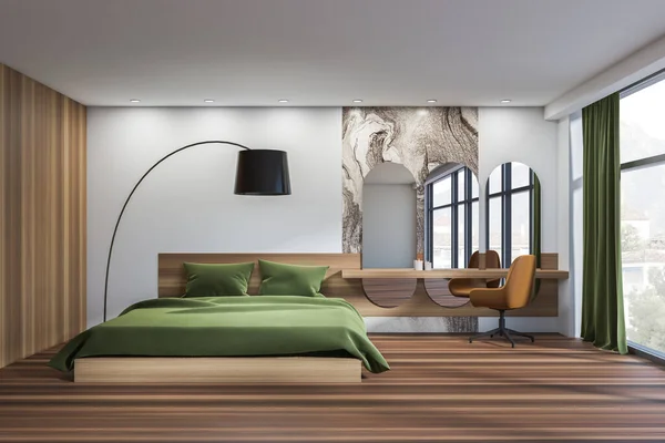 Elegant White Green Bedroom Interior Floating Dressing Table Oval Mirrors — Fotografia de Stock