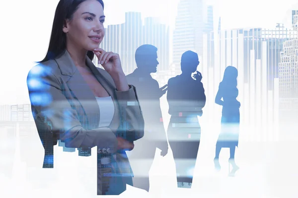 Office Woman Smiling Thoughtful Look People Silhouette New York Skyscrapers — Fotografia de Stock