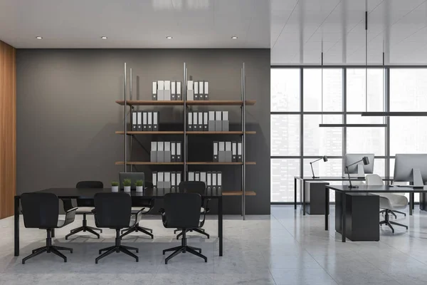 Grey Coworking Room Interior Chairs Desktop Table Grey Tiled Floor — Stockfoto
