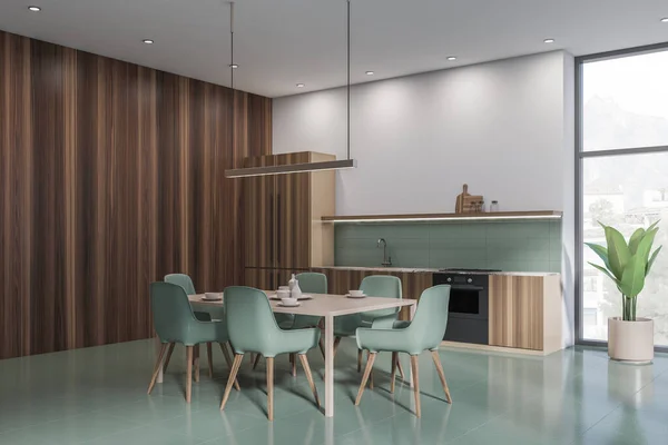 Modern Dining Interior Seats Table Green Tiled Floor Side View —  Fotos de Stock
