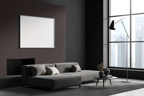 Dark Living Room Interior Empty White Poster Panoramic Window Grey — Stockfoto