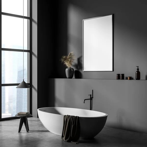 Bathing Room Interior Tub Grey Concrete Floor Side View Panoramic — стоковое фото