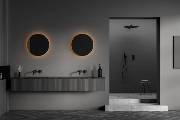 Dark Bathing Interior Two Sinks Shower Mirrors Backlight Accessories Wooden — стоковое фото