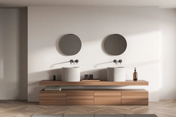 Bright Bathroom Interior Two Mirrors Sinks White Walls Liquid Soap — стоковое фото