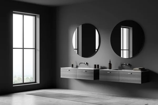 Grauer Waschraum Mit Zwei Waschbecken Und Zwei Runden Spiegeln Grauer — Stockfoto