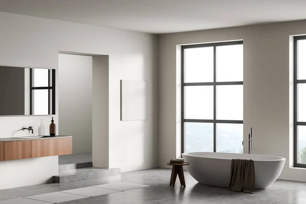 White Bathing Room Interior Tub Towel Foot Towel Grey Concrete —  Fotos de Stock